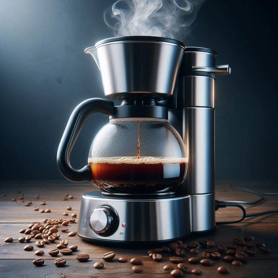 Stainless drip coffee machine brewing coffee