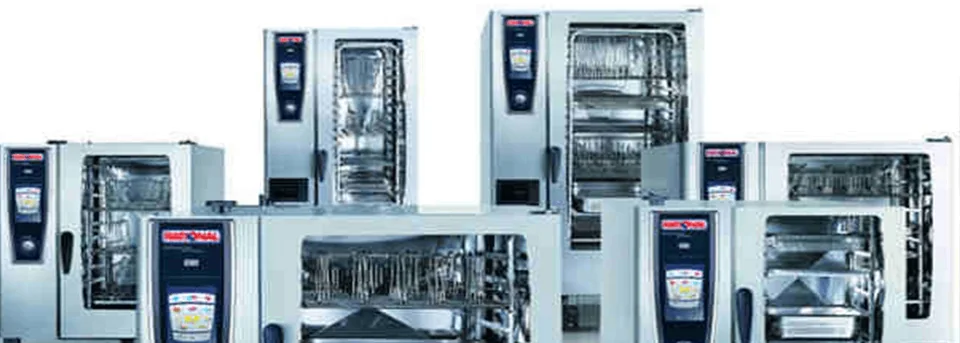 Row of commercial combi ovens