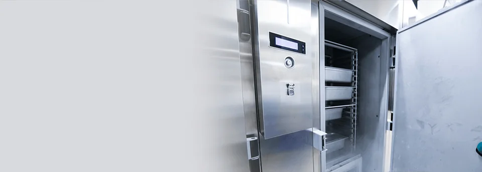 Stainless commercial upright freezer with the door open