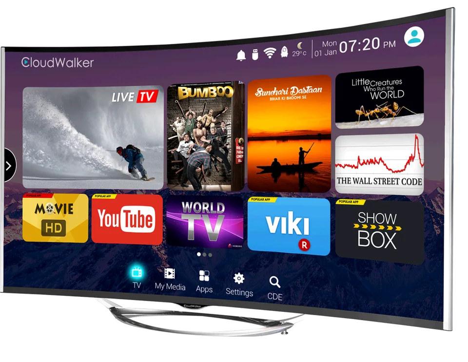 Curved smart TV showing its home screen