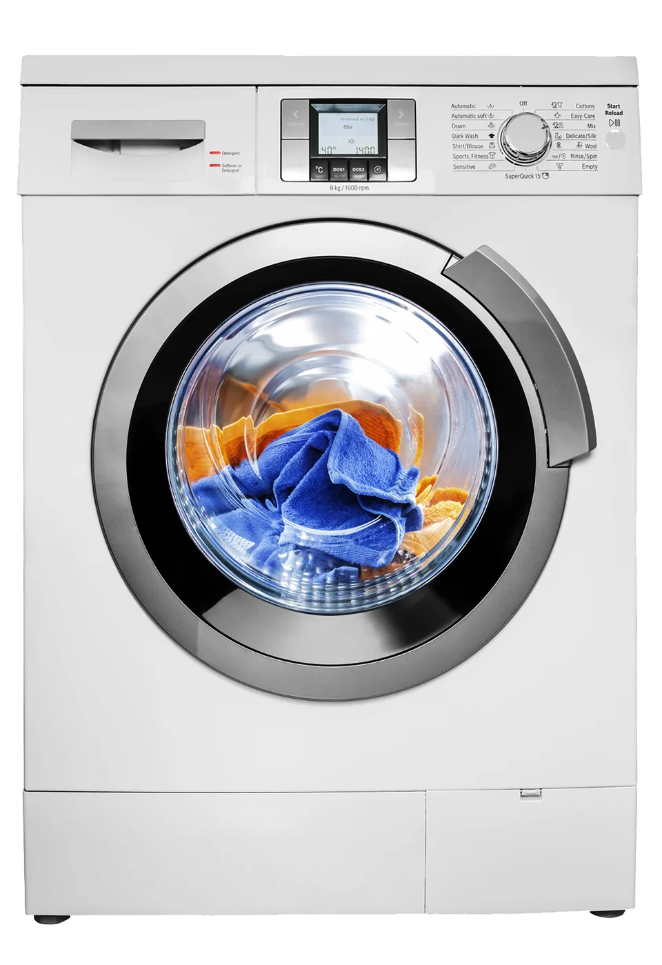 White front-load washing machine with laundry in the drum